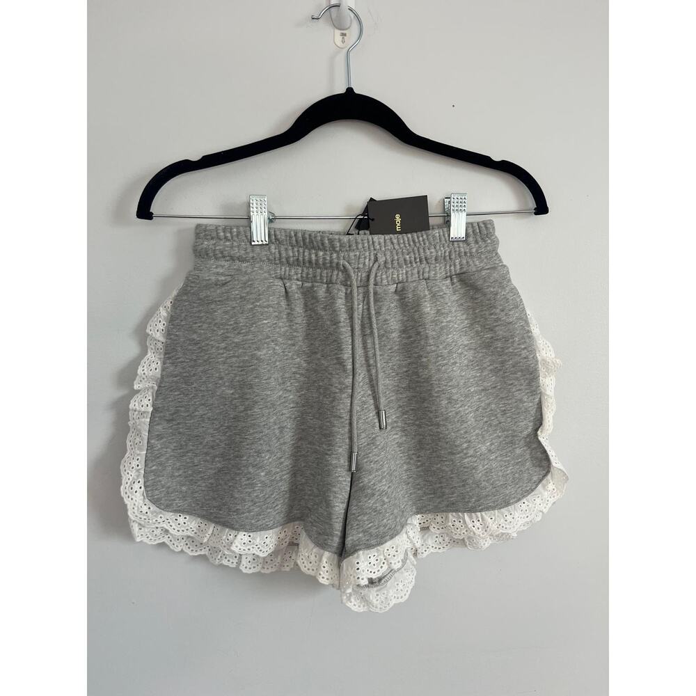 Maje Eyelet Trim Sweat Shorts Women 36 Gray White‎ Ruffle Hem Lounge